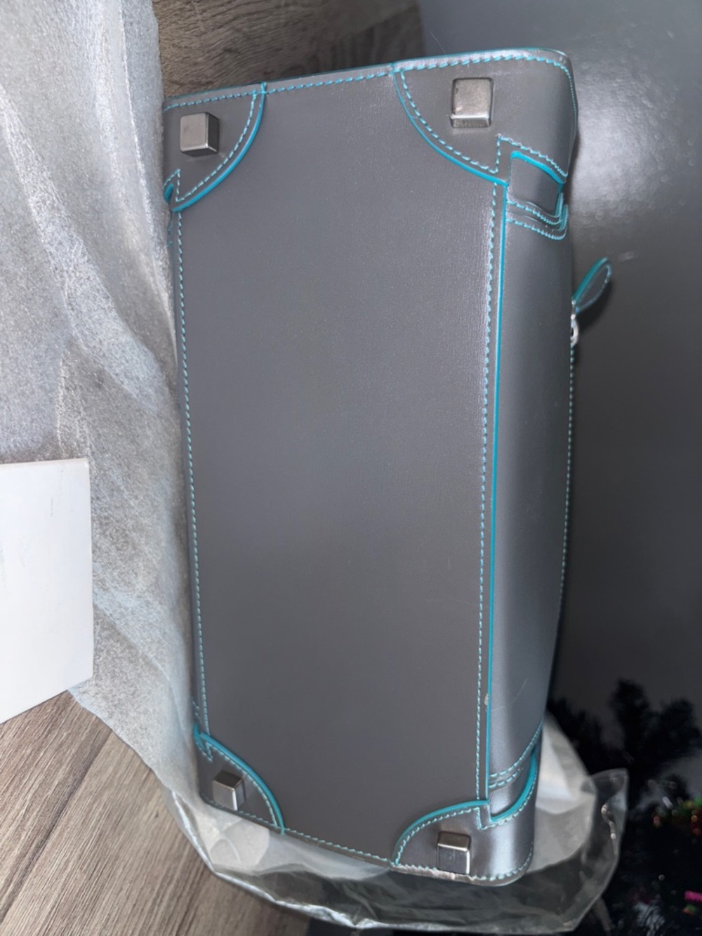 Celine Nano Luggage Gray Tote with Teal Trim - Picture 2 of 6